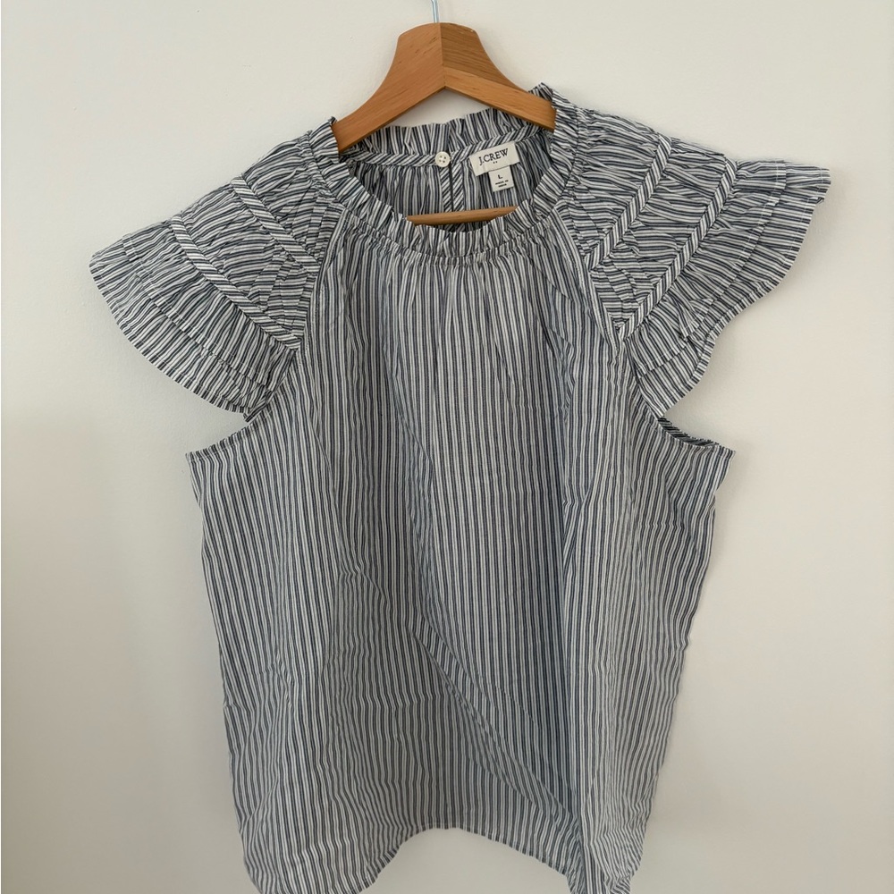 J. Crew Blue and White Ruffle Sleeve Top